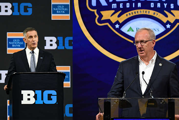 Big Ten Commissioner Tony Petitti (left) and the SEC's Greg Sankey (right).
